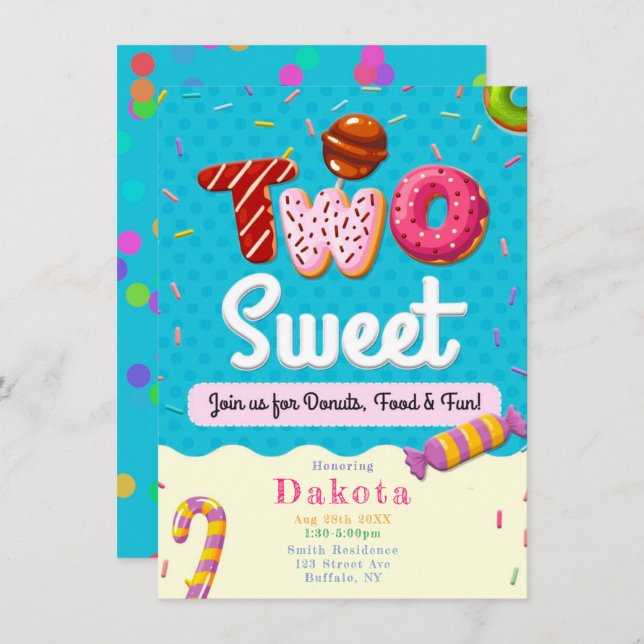 Two Sweet Donuts Girl Birthday Party Invitations  (Front/Back)