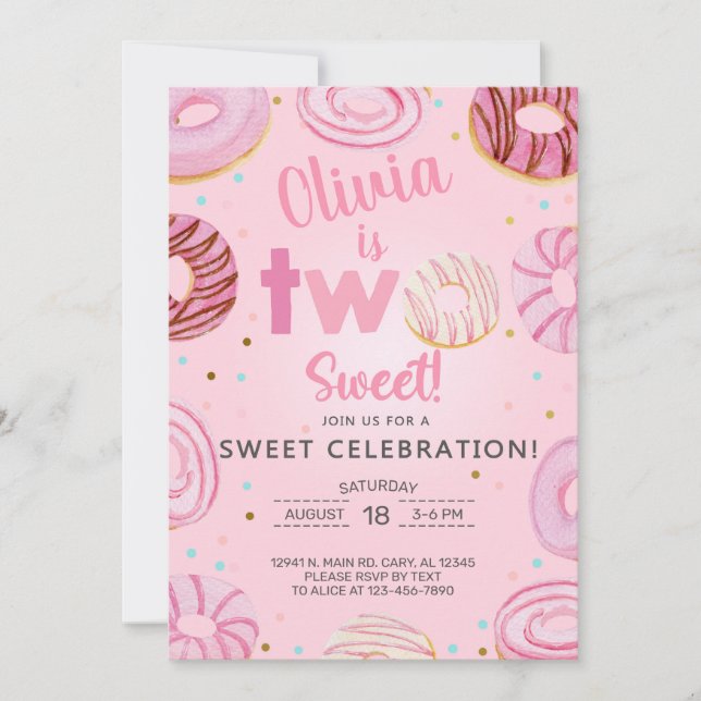 Two Sweet donuts girl second 2nd birthday invite. Invitation (Front)