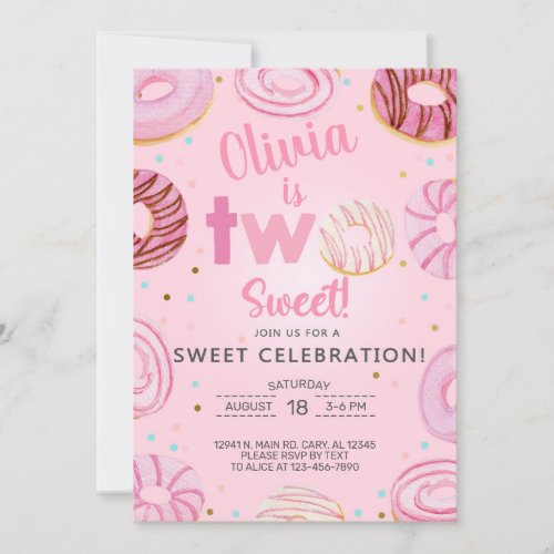 Two Sweet donuts girl second 2nd birthday invite Invitation