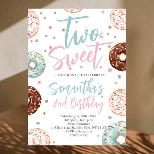 Two Sweet Donuts Watercolor Girl Second Birthday Invitation