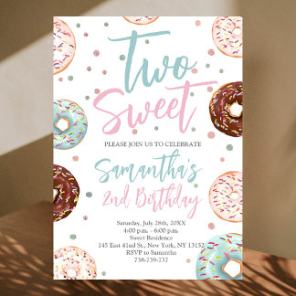 Two Sweet Donuts Watercolor Girl Second Birthday Invitation