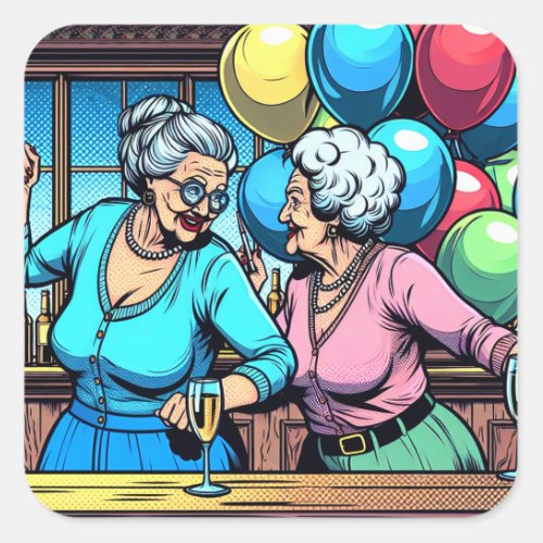 Two Sweet Elderly Ladies at a Bar Dancing Birthday Square Sticker
