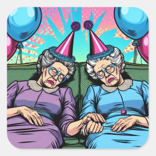 Two Sweet Elderly Ladies at a Bar Drinking Beer Square Sticker