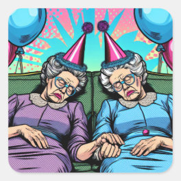 Two Sweet Elderly Ladies at a Bar Drinking Beer Square Sticker