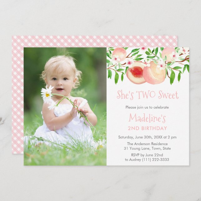 TWO Sweet Georgia Peach Birthday Party Photo Invitation (Front/Back)