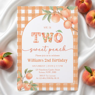 Two Sweet Gingham Peach Boy Birthday Invitation