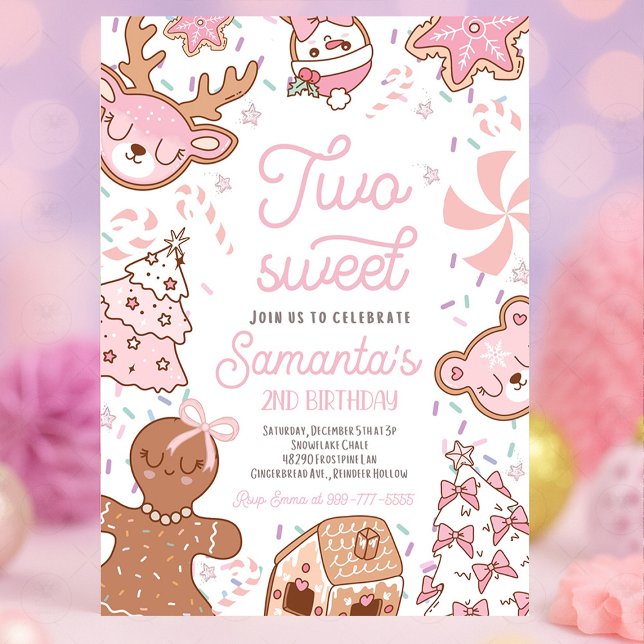 Two Sweet Girl Christmas Cookie 2nd Birthday Party Invitation (Two Sweet girl Christmas cookie second birthday party invitation with gingerbread, holiday cookies, )