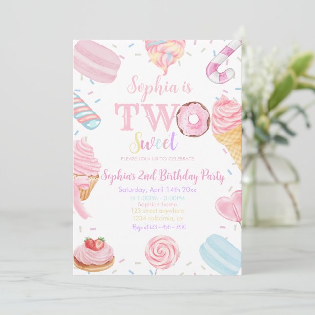 Two Sweet Girl Donut Pastel Pink 2nd Birthday Invi Invitation (Standing Front)
