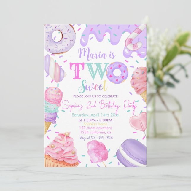 Two Sweet Girl Donut Pastel Purple 2nd Birthday Invitation (Standing Front)