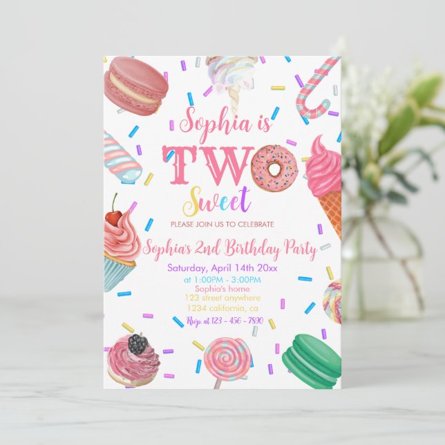 Two Sweet Girl Donut Pink Dessert 2nd Birthday  Invitation (Standing Front)