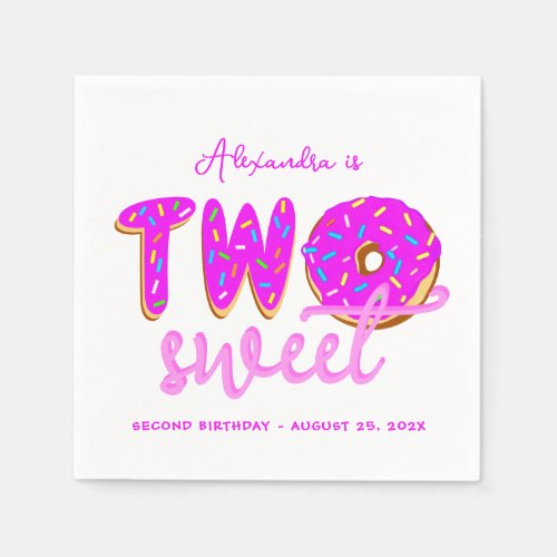 Two Sweet Girl Donut Sprinkles Pink 2nd Birthday Napkins