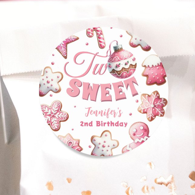 Two Sweet Girl Pink Cookie Christmas 2nd Birthday  Classic Round Sticker (Creator Uploaded)