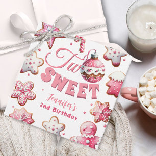 Two Sweet Girl Pink Cookie Christmas 2nd Birthday Favor Tags