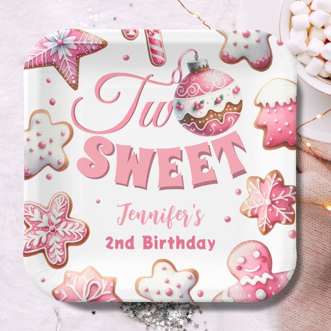 Two Sweet Girl Pink Cookie Christmas 2nd Birthday Paper Plates (Creator Uploaded)