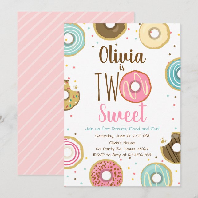 Two Sweet Girl Pink Donut 2nd Birthday Invitation (Front/Back)