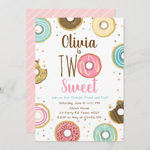 Two Sweet Girl Pink Donut 2nd Birthday Invitation