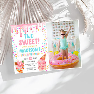 Two Sweet Girls Ice Cream 2nd Birthday Photo Invitation