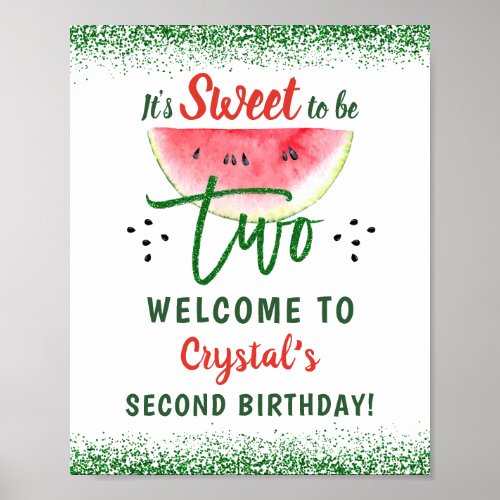 Two Sweet Glitter Watermelon Second Birthday Party Poster