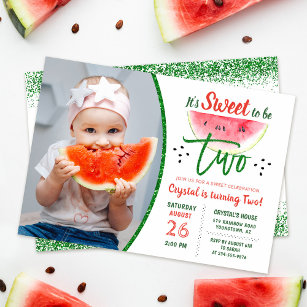 Two Sweet Glitter Watermelon Second Birthday Photo Invitation