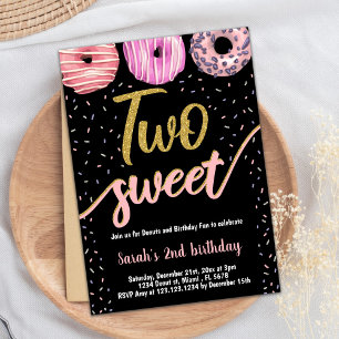 Two Sweet Gold Black Donut Birthday Invitations