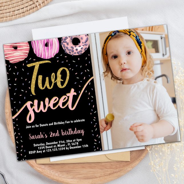 Two Sweet Gold Black Photo Donut Birthday Invitation (Two Sweet Gold Black Photo Donut Birthday Invitation)