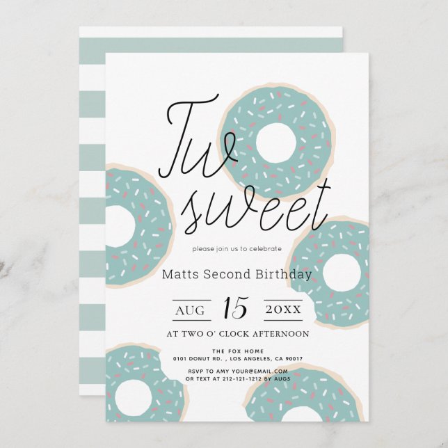 Two Sweet Green Donut Boy 2nd Birthday Invitation (Front/Back)