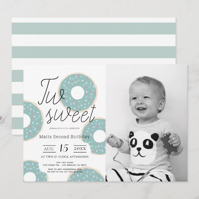 Two Sweet Green Donut Boy Photo 2nd Birthday Invitation (Front/Back)