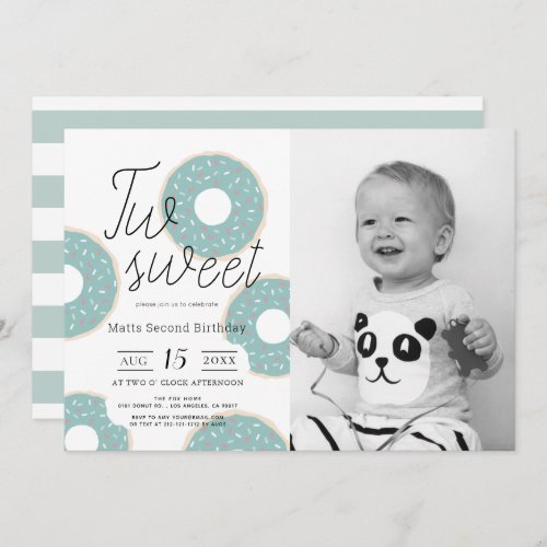 Two Sweet Green Donut Boy Photo 2nd Birthday Invitation