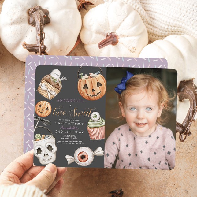 Two Sweet Halloween Sweets Girl 2nd Birthday Photo Invitation (Creator Uploaded)