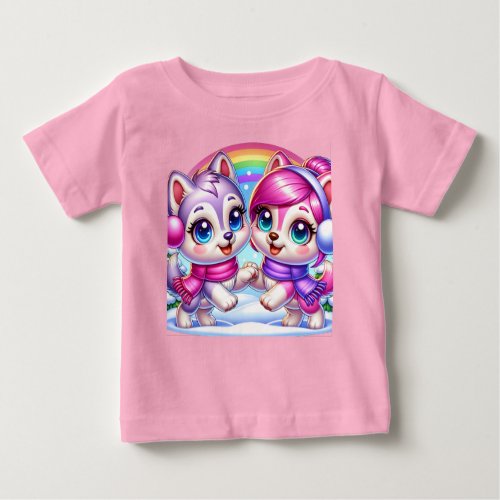 Two Sweet Husky Pups Playing in the Snow Baby T_Shirt