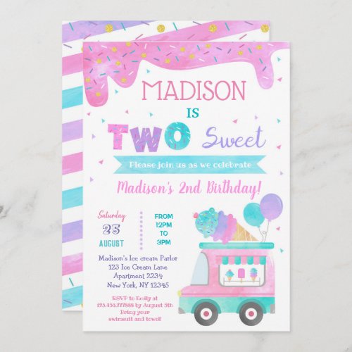 Two Sweet Ice Cream 2nd Birthday Invitations