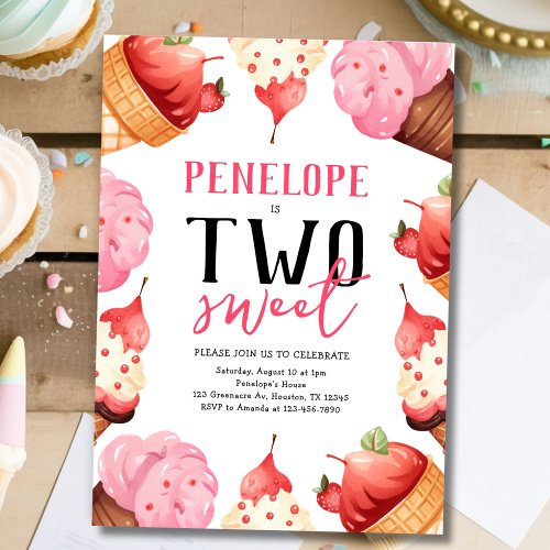 Two Sweet Ice Cream 2nd Birthday Party Invitation