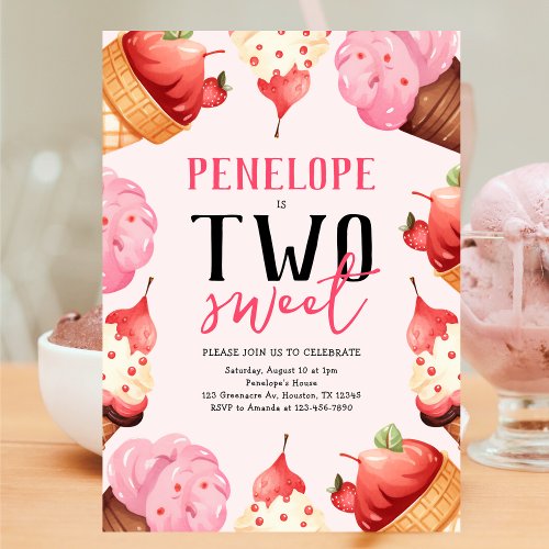 Two Sweet Ice Cream 2nd Birthday Party Invitation