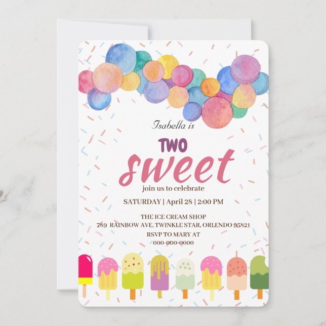 Two Sweet ice cream and popsicle 2nd Birthday Girl Invitation (Front)