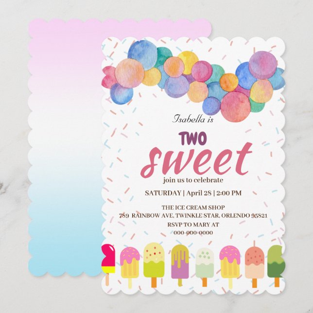 Two Sweet ice cream and popsicle 2nd Birthday Girl Invitation (Front/Back)