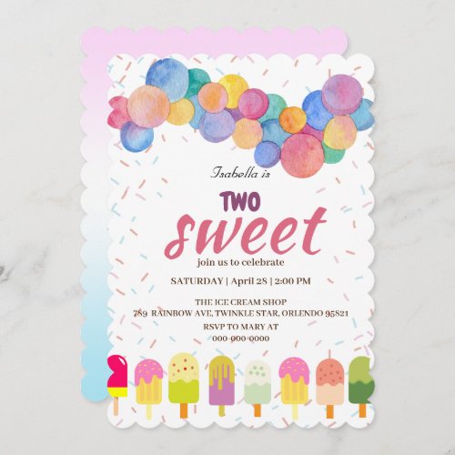 Two Sweet ice cream and popsicle 2nd Birthday Girl Invitation