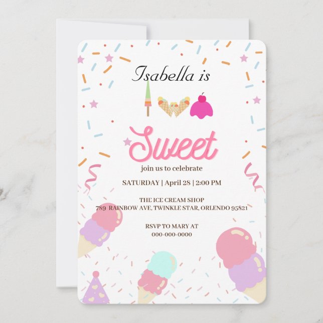Two Sweet ice cream and Sprinkle 2nd Birthday Girl Invitation (Front)
