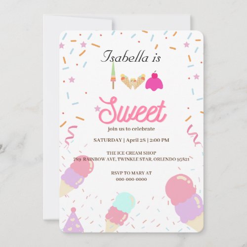 Two Sweet ice cream and Sprinkle 2nd Birthday Girl Invitation