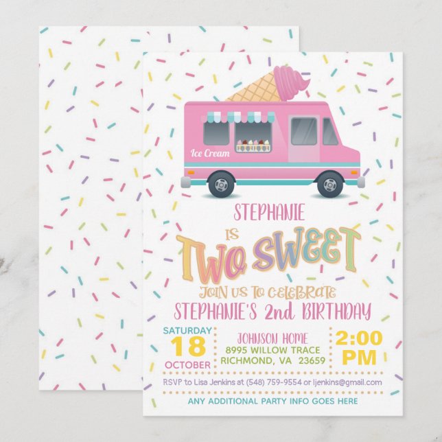 Two Sweet Ice Cream Birthday Invitation (Front/Back)