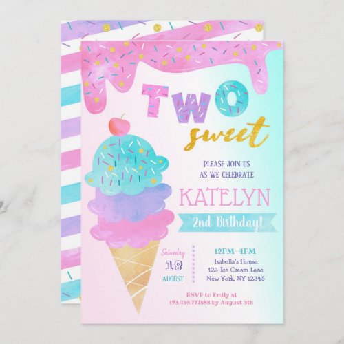 Two Sweet Ice Cream Birthday Party Invitation
