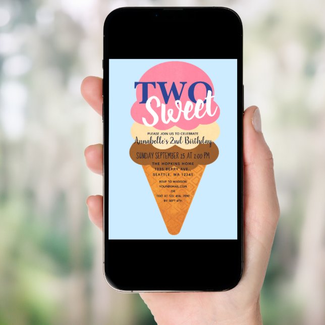 Two Sweet Ice Cream Cute Kids 2nd Birthday Invitation (Front Digital)