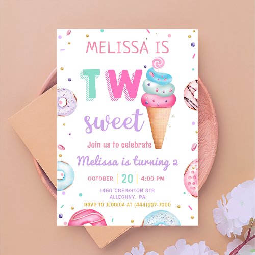 Two Sweet Ice Cream Donut 2nd Birthday Invitation