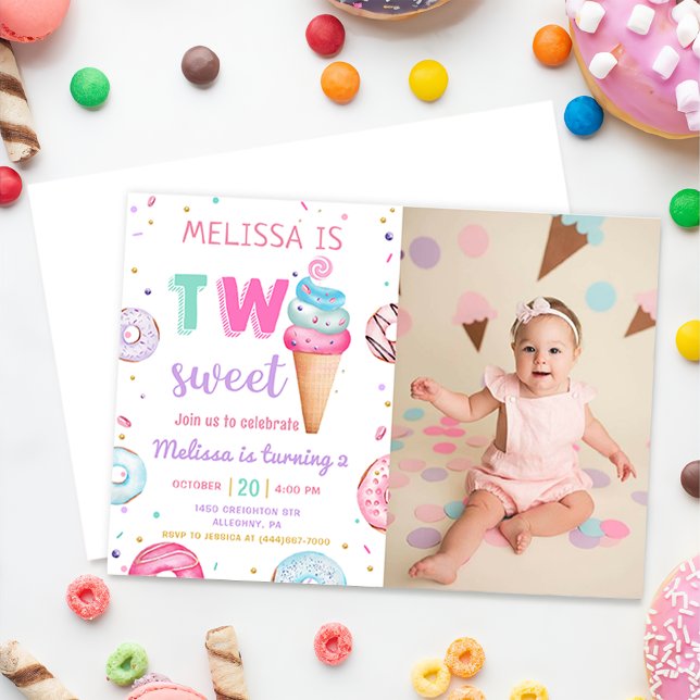 Two Sweet Ice Cream Donut 2nd Birthday Photo Invitation (Creator Uploaded)