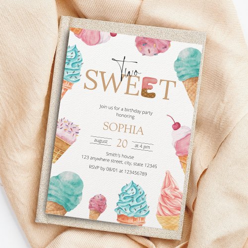 Two Sweet Ice Cream First Birthday Party Girl Invitation