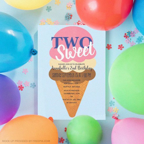 Two Sweet Ice Cream Kids Second Birthday Invitation