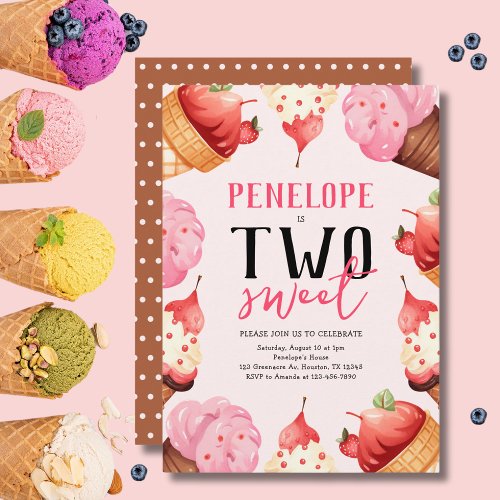 Two Sweet Ice Cream Pink 2nd Birthday Party Invitation