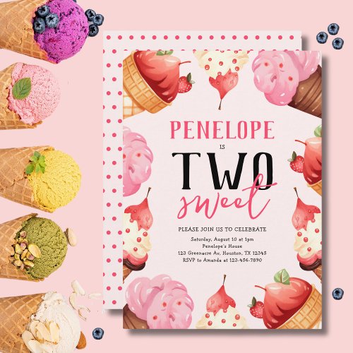 Two Sweet Ice Cream Pink 2nd Birthday Party Invitation