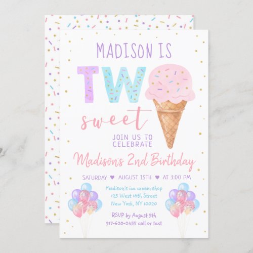 Two Sweet Ice cream Rainbow Birthday Invitation