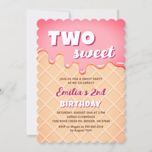 Two Sweet Ice Cream Summer Girl 2nd Birthday Party Invitation