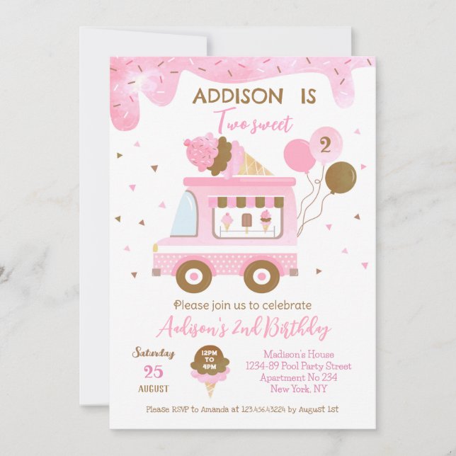 Two Sweet Ice Cream truck 2nd Birthday Invitations (Front)